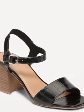 Old Navy Black Croc-Textured Ankle Strap Block Heel Sandals